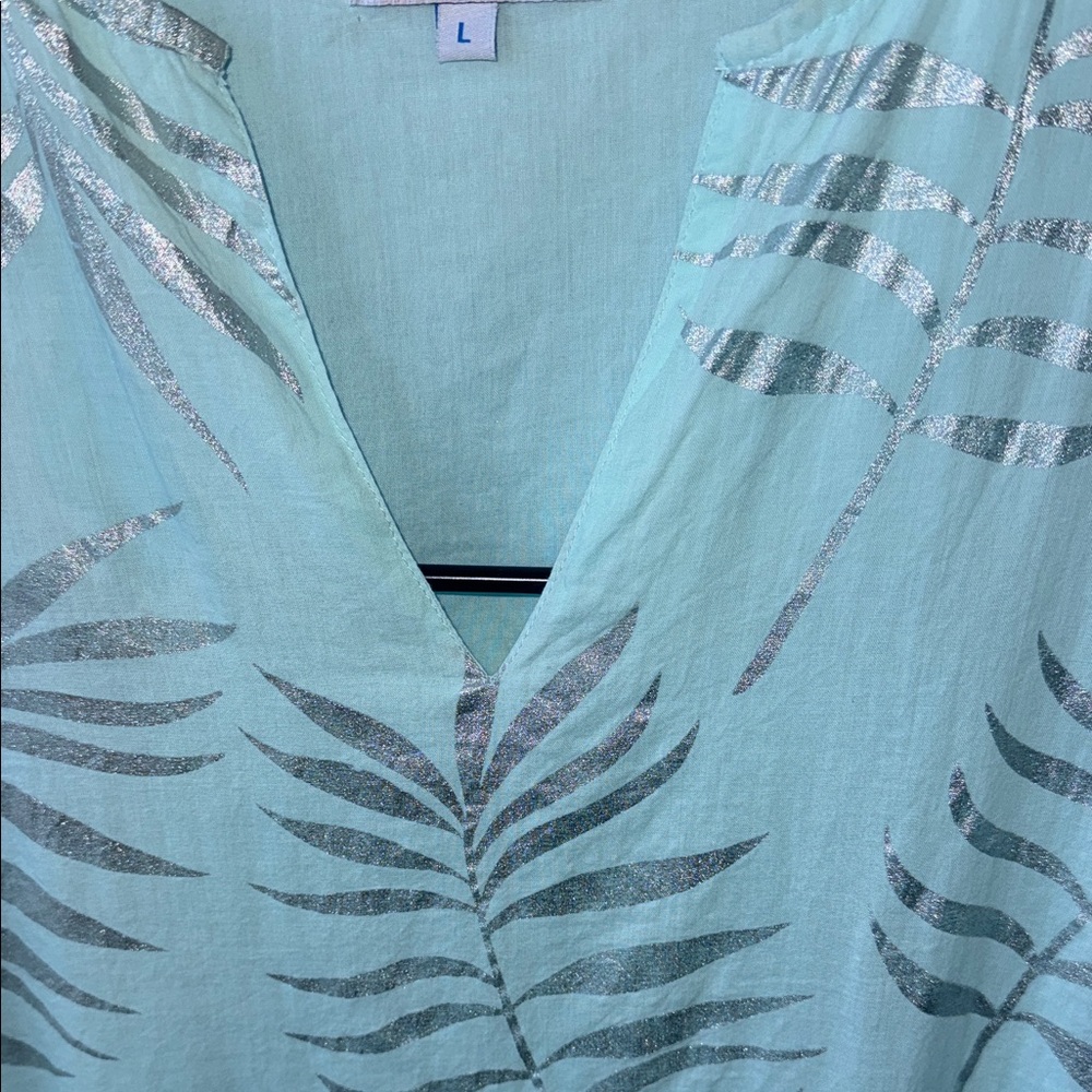 Sunny Oceans Light Aqua Foil Leaf Tiered Tunic Dress🌴🌸 - Picture 3 of 10